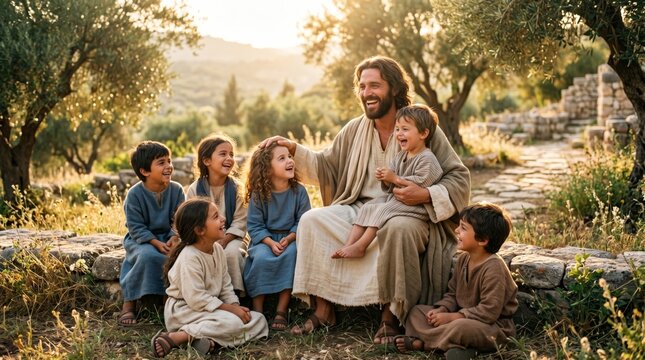 Jesus man sitting with group of smiling children in olive grove. Religious scene depicting love and kindness. Biblical figure teaching kids in nature. Spiritual education concept.
