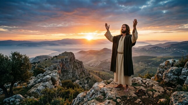Jesus stands on a mountain top with arms raised towards the sky at sunset. Religious spiritual figure praying in nature. Christian biblical scene representing faith and divinity.