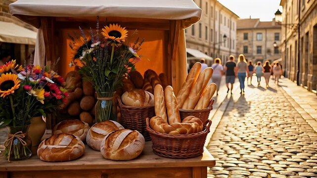 ?Rustic bread stall in sunlit street with colorful floral display