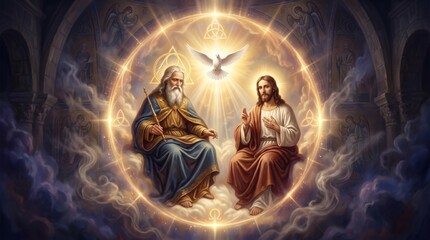 Obraz premium God the Father and Jesus Christ seated together in heaven with the Holy Spirit as a dove. Religious christian art depicting the Holy Trinity. Spiritual worship and divine grace concept.
