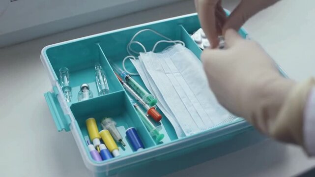 Hand in medical gloves takes a syringe and ampoules with medicine from a first aid kit, slow motion. Healthcare and virus protection concept.
