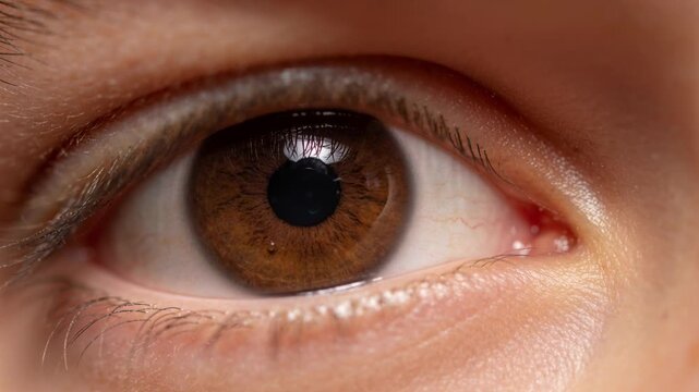 Responding to studio light, person holding eyelids and adjusting brown iris and pupil, tears
