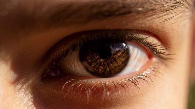 Focusing right eye reacting to sun in park, adjusting pupil and showing sky and camera reflection