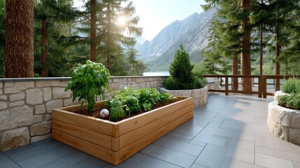 Obraz premium A serene mountain terrace garden with wooden planters, stone walls, and lush greenery overlooking a lake and rugged peaks under sunlight.
