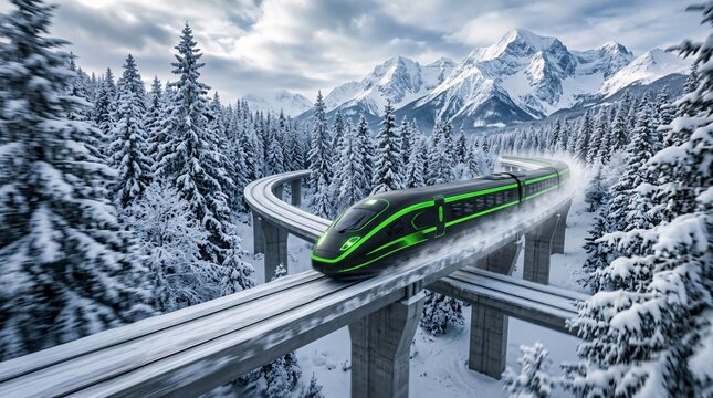Sleek futuristic high-speed magnetic levitation train painted in matte black and neon green, tearing rapidly through dense frozen forest.