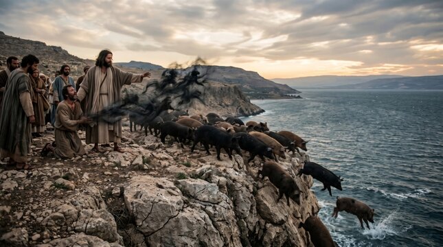 Jesus casting demons from a man into a herd of swine near a cliff by the sea. Biblical miracle scene with men watching as pigs run into the water. Spiritual and historical event.