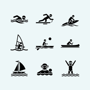 Water sports icons: swimming, surfing, boating, sailing, and aquatic activities