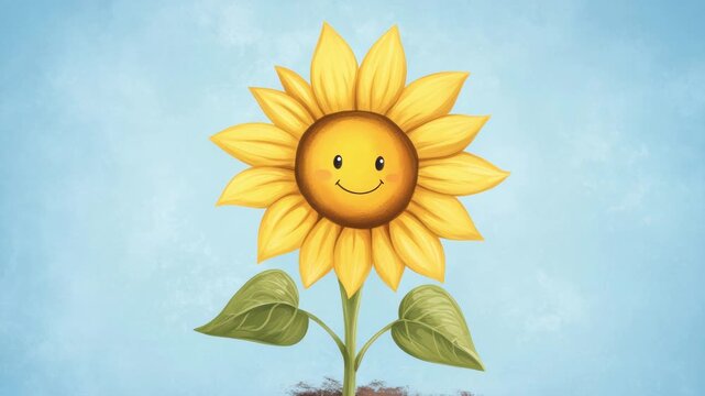 Cheerful cartoon sunflower on blue sky