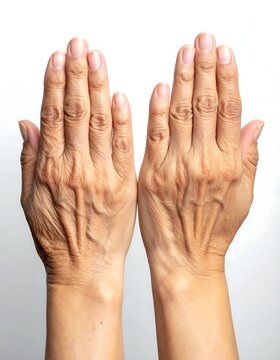 Aging Human Hands Shown Upright Against White Studio Background