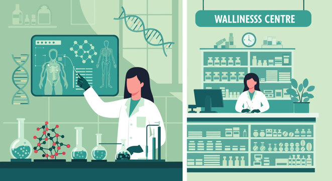 Scientist analyzing DNA data in laboratory and pharmacist in wellness center.