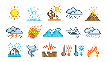 Pixel weather cataclysm icons. Drought, flood, tornado and typhoon, tsunami, earthquake, volcanic eruption. Pixelated forecast symbols tidy vector set original artwork © LadadikArt