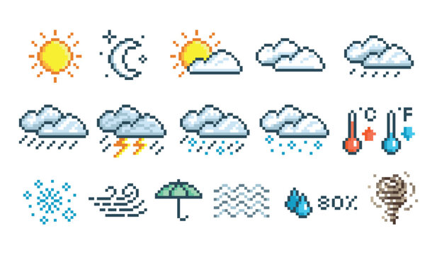 Weather pixel icons. Weather forecast 8 bit symbols. Clouds, sun, crescent, rain and snow. Humidity and temperature indicators, thermometers tidy vector set original artwork