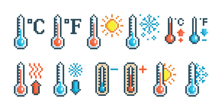 Pixel art weather thermometers. Pixelated thermometer column show different outside temperature. Winter, summer seasons, game 8 bit icons, tidy vector clipart original artwork