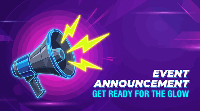 Vibrant event announcement with a glowing megaphone and lightning