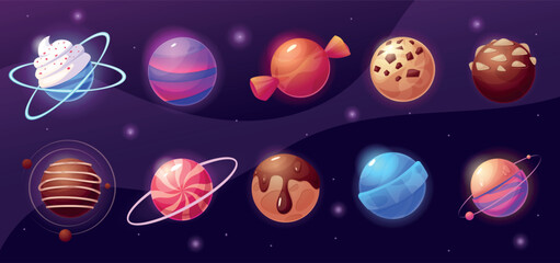 Cartoon candy planets. Sweet candies, lollipops and chocolate, with cream and topping. Round sweet sugar desserts. Gaming design nowaday vector set original artwork © LadadikArt