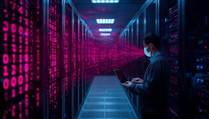 Fototapeta premium IT Specialist Using Laptop in Data Center Full of Rack Servers. Concept of High Speed Internet with Pink Neon Visualization Projection of Binary Data Transfer