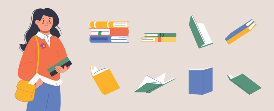 Reader character. Girl holding book. Books in different angles, open and closed, in piles. Young female student, literature lover, teacher, vector set original artwork