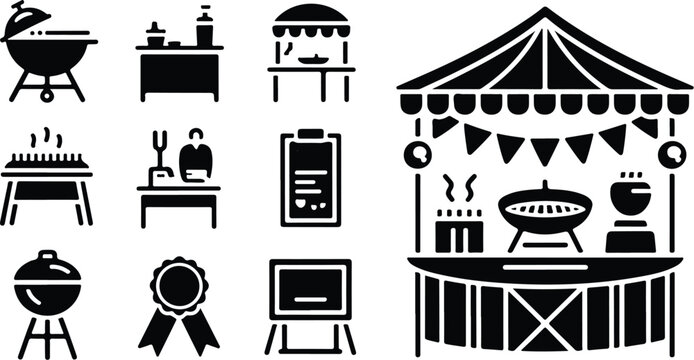 Black BBQ icons, grill symbols, outdoor cooking graphics, 10 vector elements