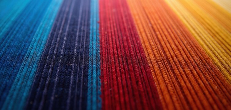 Macro view of woven fabric with vibrant blue red orange stripes. Detailed texture shows parallel threads creating dynamic lines. High contrast colors offer striking visual appeal. Abstract background