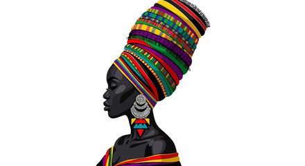 African woman, colorful headwrap, vibrant stripes, profile portrait, vector illustration © Super
