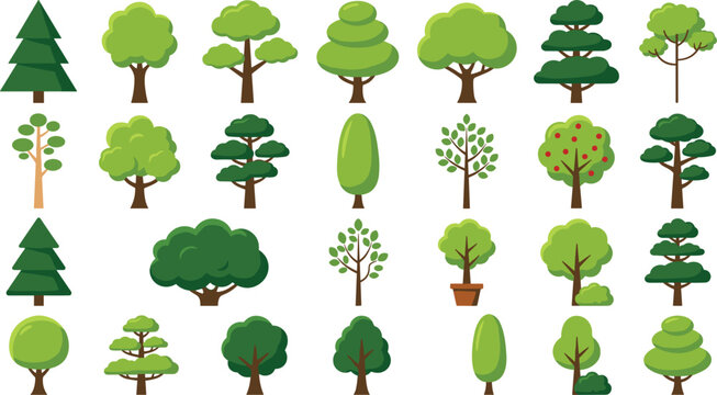 Green tree vector set with flat design cartoon trees pine fir bush potted plant isolated on white background for landscape forest illustration