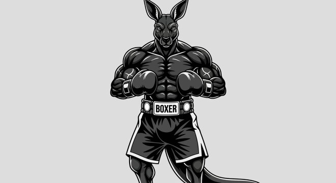 Muscular kangaroo boxer, athletic marsupial fighter, black and white illustration, vector graphic