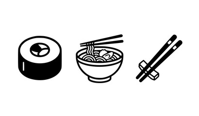 Asian Cuisine and Japanese Food Icon Set Featuring Line Art Sushi Roll Noodle Ramen Bowl and Chopsticks Symbols for Restaurant Menus and Recipe Applications  © Md