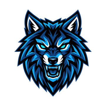 Colored modern fierce blue wolf dog predator head face esports gaming logo vector illustration
