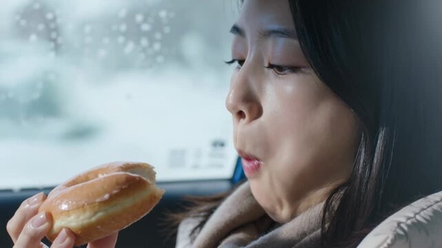 Craving woman lifting biting chewing glazed donut in passenger seat, wearing scarf coat wet window
