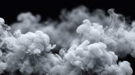 Fototapeta premium A photorealistic collection of voluminous fog and dry ice smoke clouds drifting gracefully across a pure solid black background, perfectly isolated as a compositing overlay element.