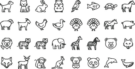 Fototapeta premium Animal Outline Vector Icons Set Cute Cartoon Farm & Wild Animals Collection