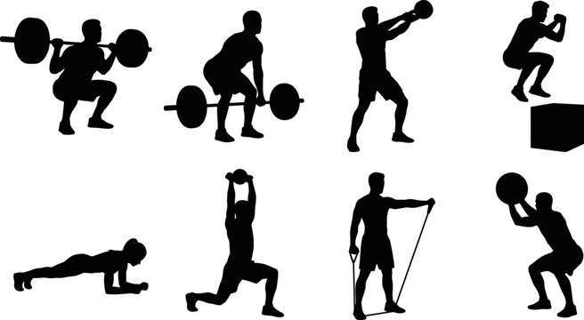 Fitness and functional training silhouette collection featuring athletes performing various gym workouts and weightlifting exercises
