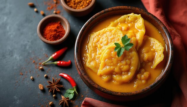 Malaysian roti jala with spicy curry in bowl. Red chili peppers, star anise and spices nearby. Delicious asian food served on dark slate table, great for blogs and recipes.