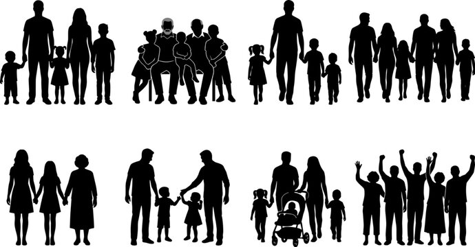 Happy family silhouettes collection featuring parents children grandparents and diverse multi generational family groups vector icons