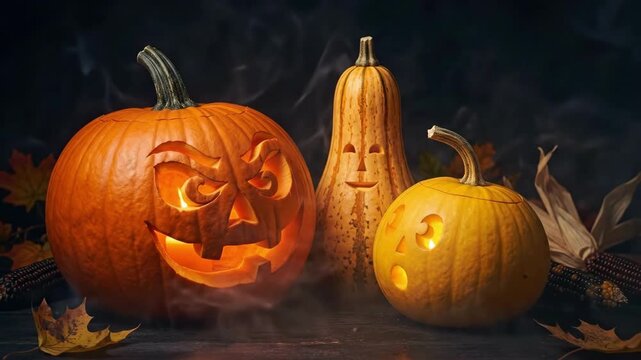 Carved jack-o-lantern pumpkin with scary face beside friendly butternut squash on dark wooden table. Halloween autumn decoration concept featuring orange and yellow gourds with lit expressions amid