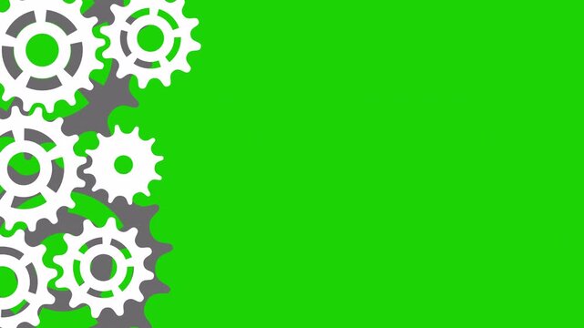 Simple 2D animation of interlocking white and grey gears spinning on a green screen background for transparent overlay and alpha channel effects in motion graphics projects