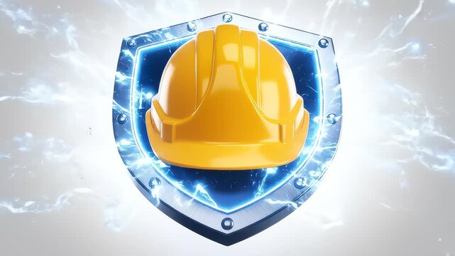 Yellow hard hat on shield with electric effects in modern design  