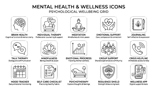 Mental health icons, wellness symbols, psychological wellbeing graphics, 20 emotional support illustrations