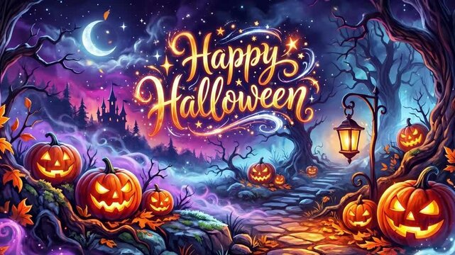 Happy Halloween greeting in glowing script over eerie forest path lined with jack-o-lanterns and autumn leaves. Magical spooky night scene for halloween celebration and seasonal decorations