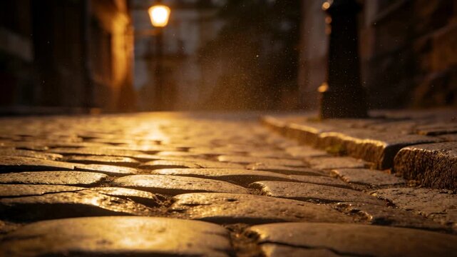 Gliding low camera revealing cobble sheen on street at dusk, highlighting lamp and drifting dust