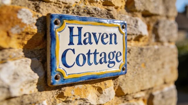 Shifting camera revealing ceramic plaque on honeyed wall, showing blue-yellow border Haven Cottage