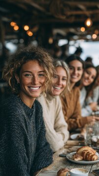 Group of friends gathered around table in cozy restaurant, enjoying food, conversation and quality time together. Social gathering, friendship, dining out and lifestyle. Warm atmosphere.
