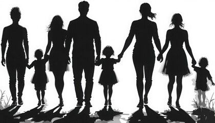 Obraz premium Silhouettes of a diverse family walking together hand in hand outdoors