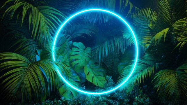 Abstract tropical composition with glowing neon ring surrounded by lush botanical foliage. Modern luxury background with vibrant lighting effect.