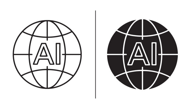 AI Globe Icons: A minimalist representation of Artificial Intelligence, showcasing the globe symbol with the letters 'AI' prominently displayed in both a black outline and a solid black fill.