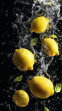 Fresh yellow lemons splashing into clear water against a black background. Dynamic food photography capturing citrus fruits underwater with bubbles and water droplets