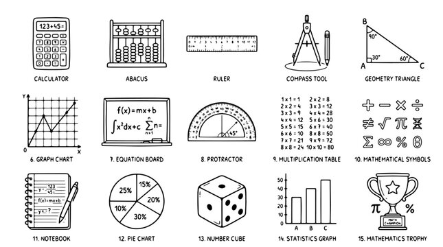 Math, geometry, education icons set, 15 elements, vector graphics, school, algebra, geometry tools