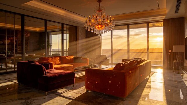 Sinking sun casting beams across rust-orange sofas and glass table in lounge, scattering dust motes