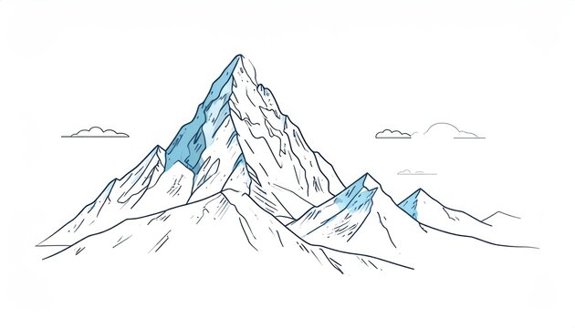 Hand-drawn line art illustration of majestic snow-capped mountains with blue ice accents and simple clouds on a clean white background capturing alpine nature.