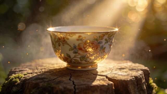 Sunbeams intensifying, porcelain floral bowl releasing steam on cracked mossy stump, dust motes